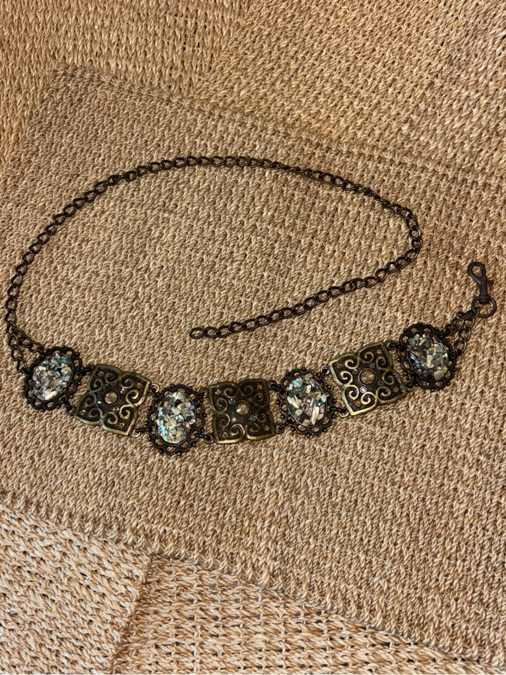 Vintage 1980s Brass and Abalone Chain Belt
